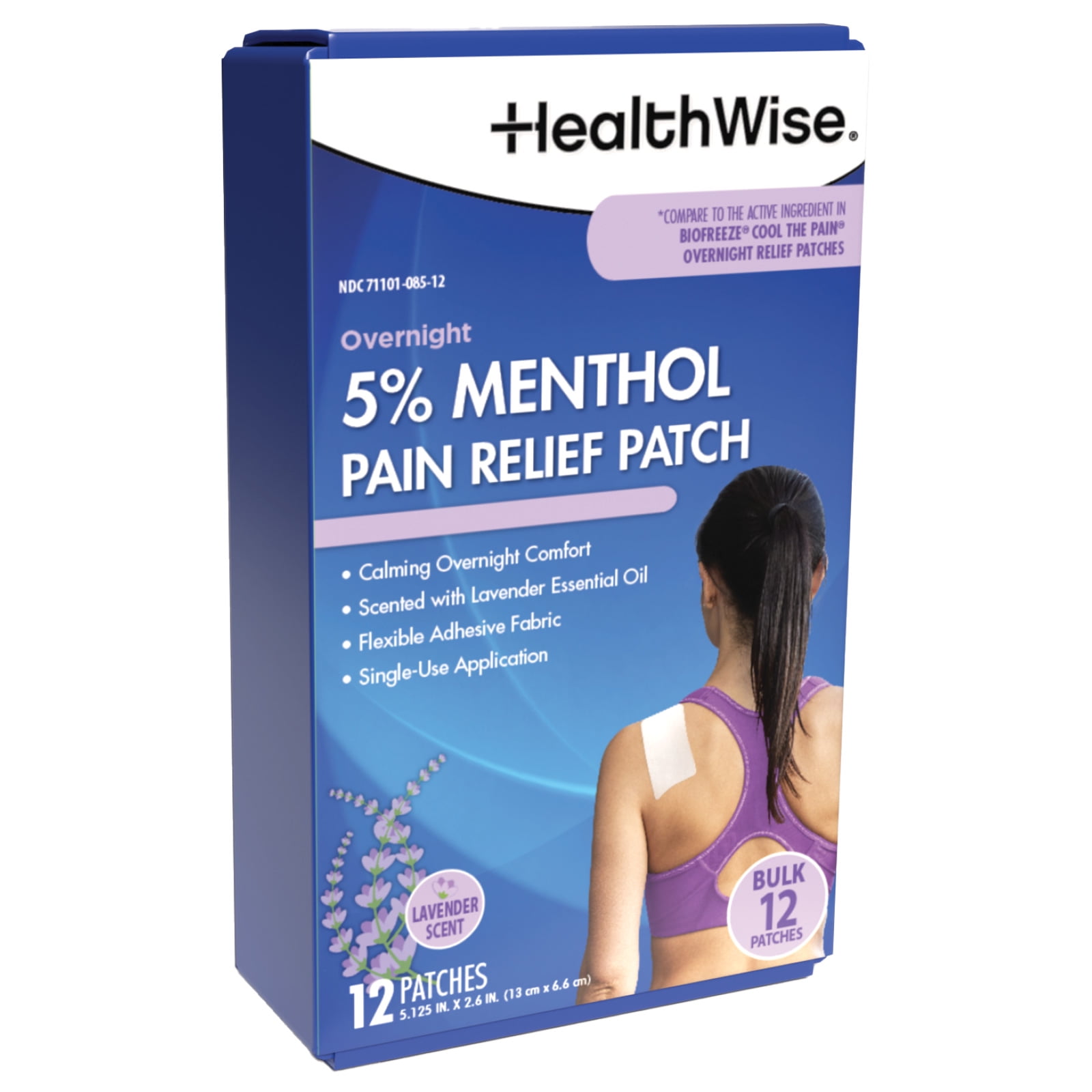 HealthWise Overnight 5% Menthol + Lavender | Pain Relief Patch 12-Count | Paraben-free | Soothes Minor Aches & Pains | 5.125” x 2.6” Size to Apply Where Needed