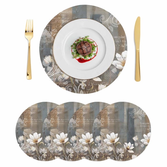 Brown Grey Floral Round 15 Inch Placemats Set of 4, Spring Summer Botanical Vintage HeatResistant Non Slip Place Mats for Dining Table, Wipeable Braided Kitchen Table Mats for Housewarming