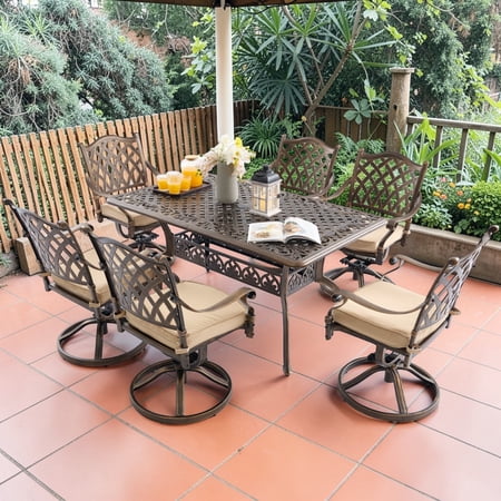 7-Piece Cast Aluminum Patio Furniture, Patio Dining Set for 6 Include 59" Rectangular Outdoor Dining Table and 6 Swivel Chairs with Cushions & Umbrella Hole(Bronze)