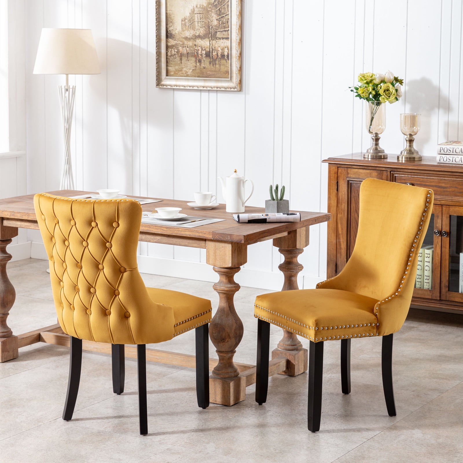 Resenkos Set of 2 Modern Dining Chairs Upholstered Accent Chair, Mid Century Armless Leisure Chair with Wood Legs, Yellow Resenkos Set of 2 Modern Dining Chairs Upholstered Accent Chair, Mid Century Armless Leisure Chair with Wood Legs, Yellow