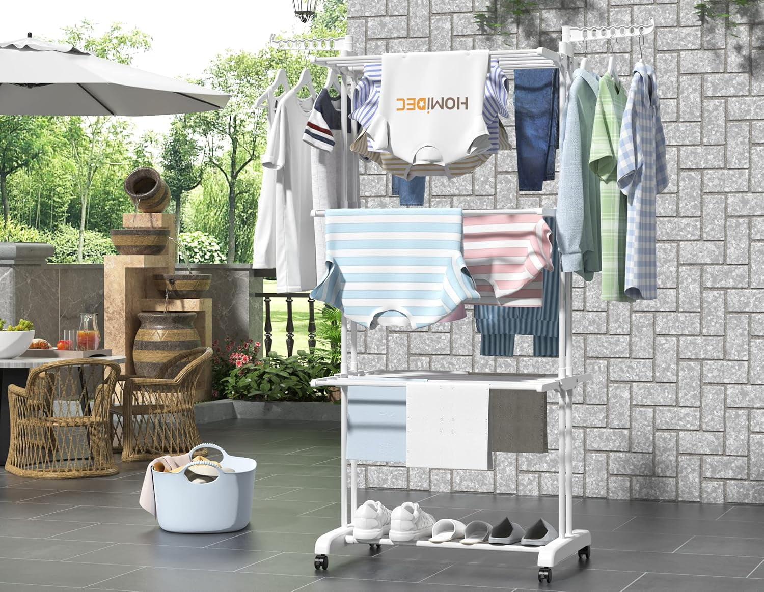 Clothes Drying Rack, 4-Tier Foldable Laundry Drying Rack, Stainless Steel Garment Clothes Dryer Indoor or Outdoor Standing Clothing Rack with Wheels, White