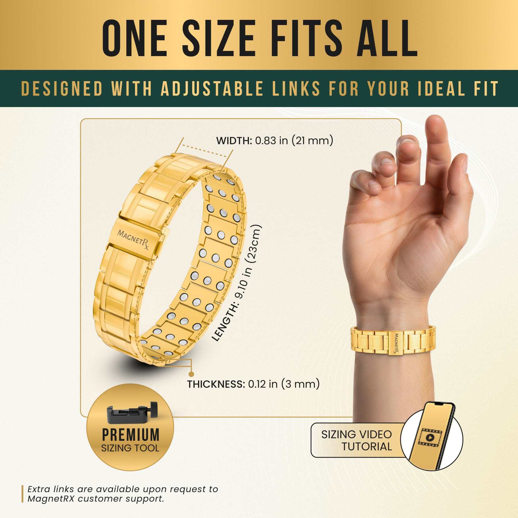 MagnetRX® 3X Strength Titanium Magnetic Bracelet – Magnetic Bracelets for Men – Premium Fold-Over Clasp & Adjustable Length with Sizing Tool (Gold)