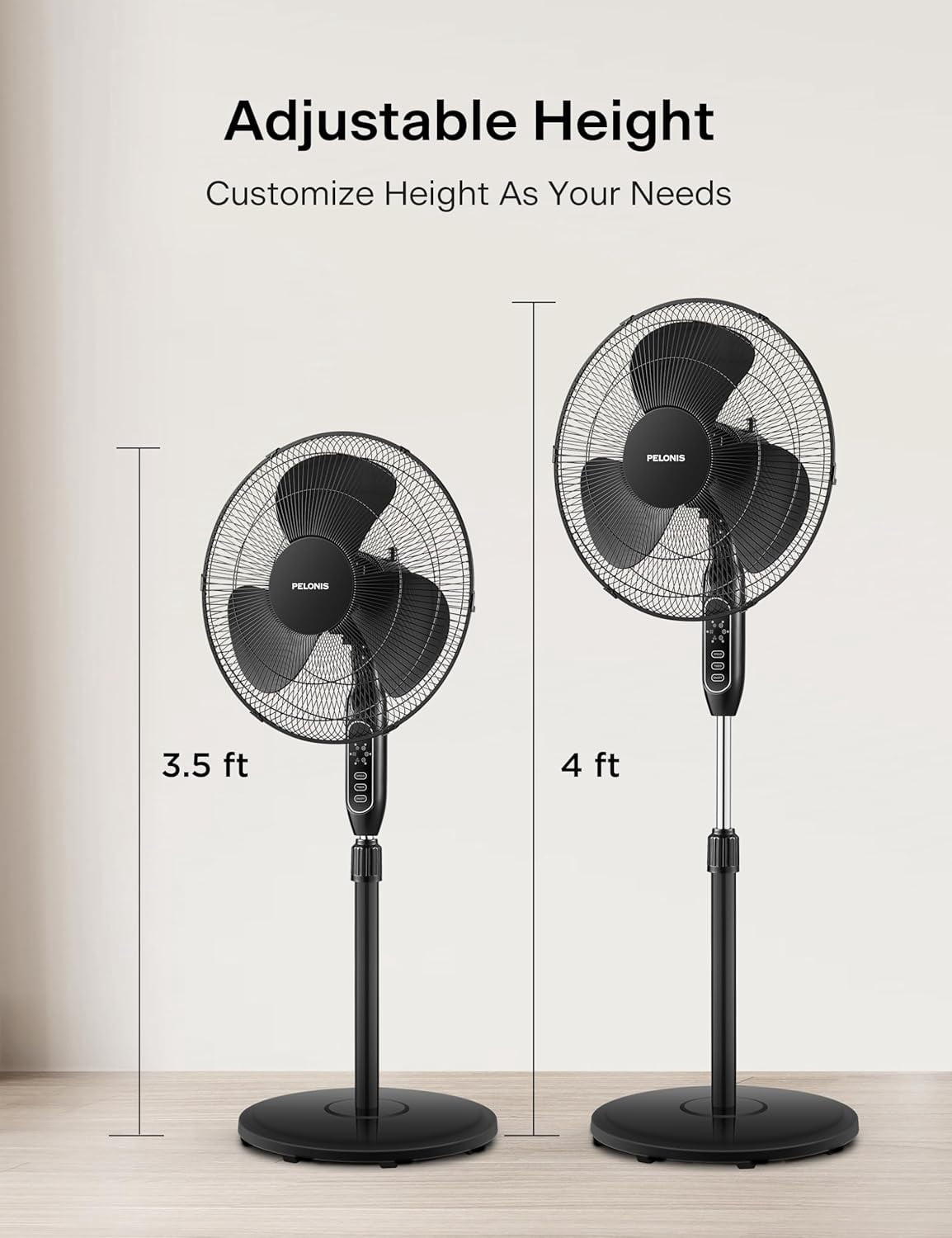 Open Box PELONIS 16 Pedestal Remote Control Oscillating Stand Up Fan 7-Hour Timer 3-Speed and Adjustable Height PFS40A4BBB Supreme 16-Black