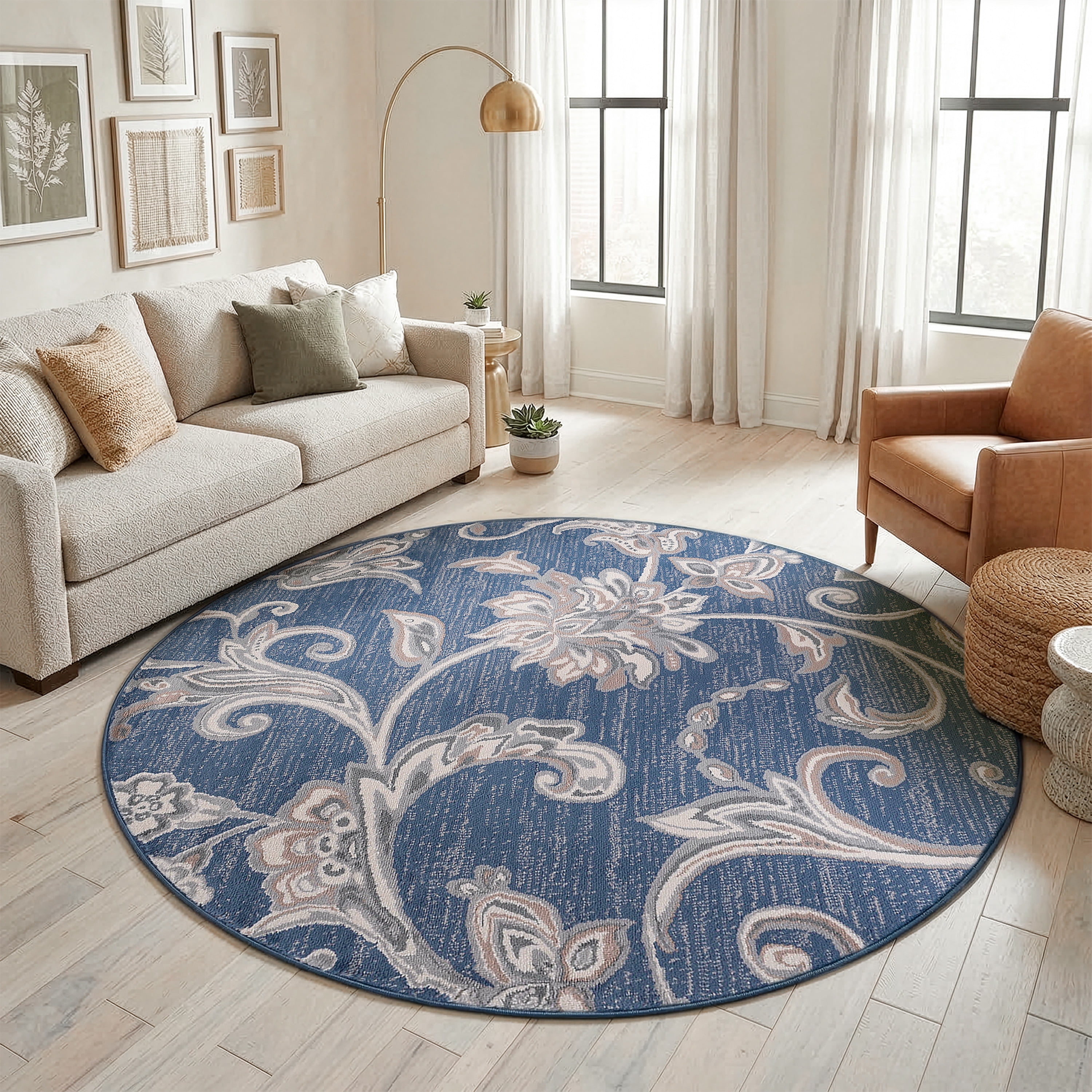 Madison Transitional 5' Round Navy and Cream Polypropylene Indoor Area Rug