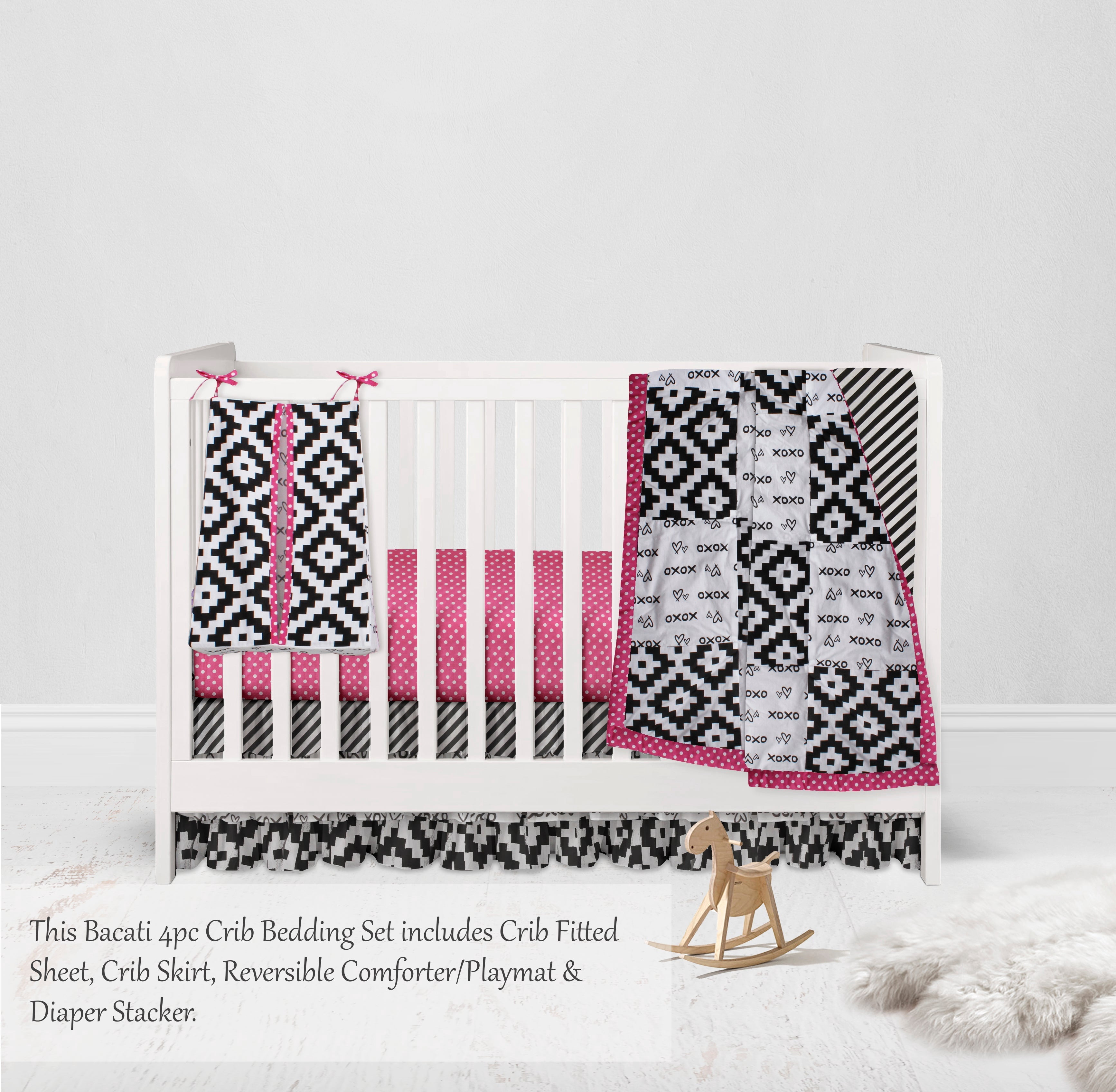 Bacati - Love Aztec 4-Piece Crib Bedding Set with Diaper Stacker - Black/Fuchsia Girls