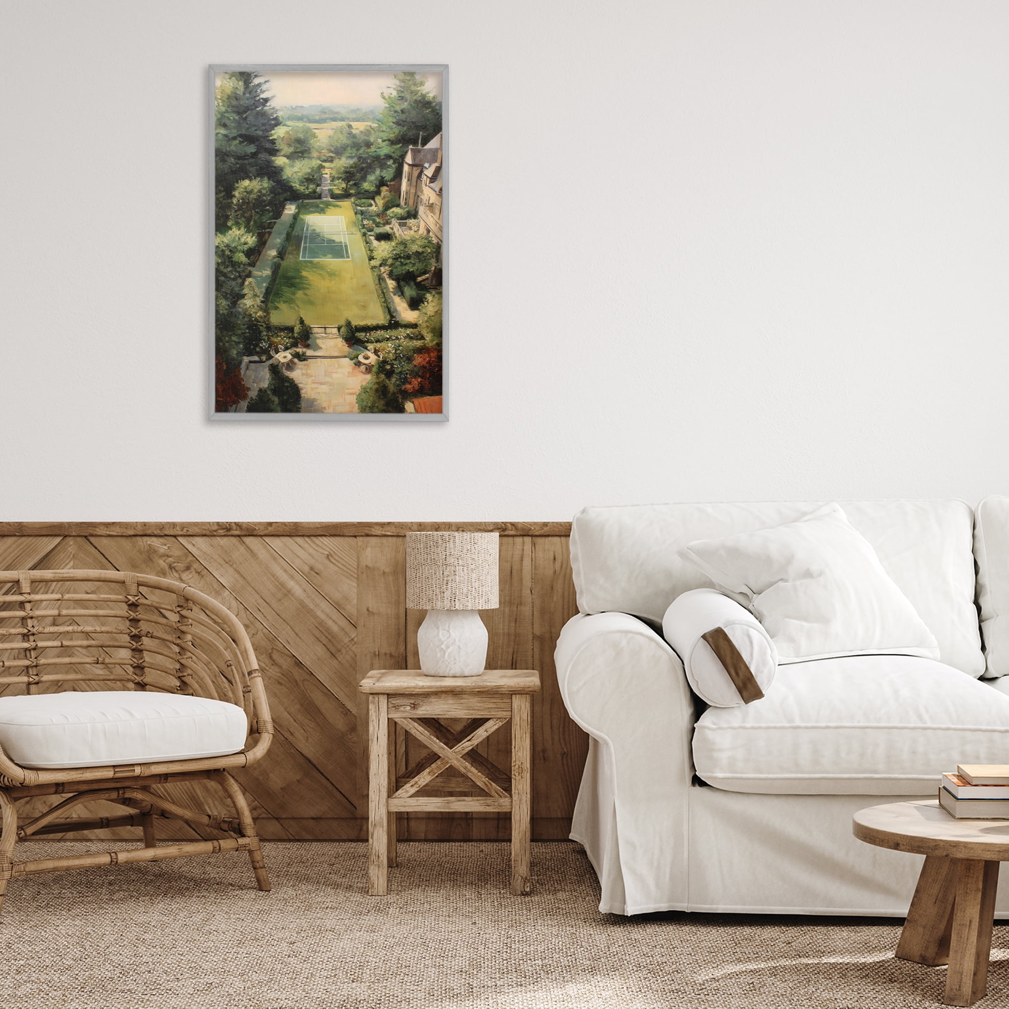 Stupell Industries Vintage Tennis At The Manor Gray Framed Giclee Art, design by Petal Prints Design