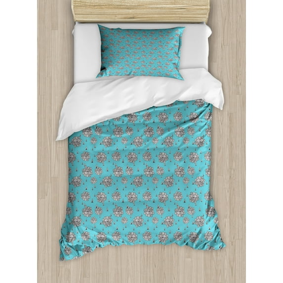Abstract Duvet Cover Set Twin Size, Hand Drawn Cumulus Clouds Pattern with Tent Shapes Abstract Art, Decorative 2 Piece Bedding Set with 1 Pillow Sham, Sky Blue and Charcoal Grey, by Ambesonne