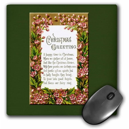 3dRose Vintage Christmas Card Christmas Greetings Pink Flowers Framing a Christmas Poem, Mouse Pad, 8 by 8 inches
