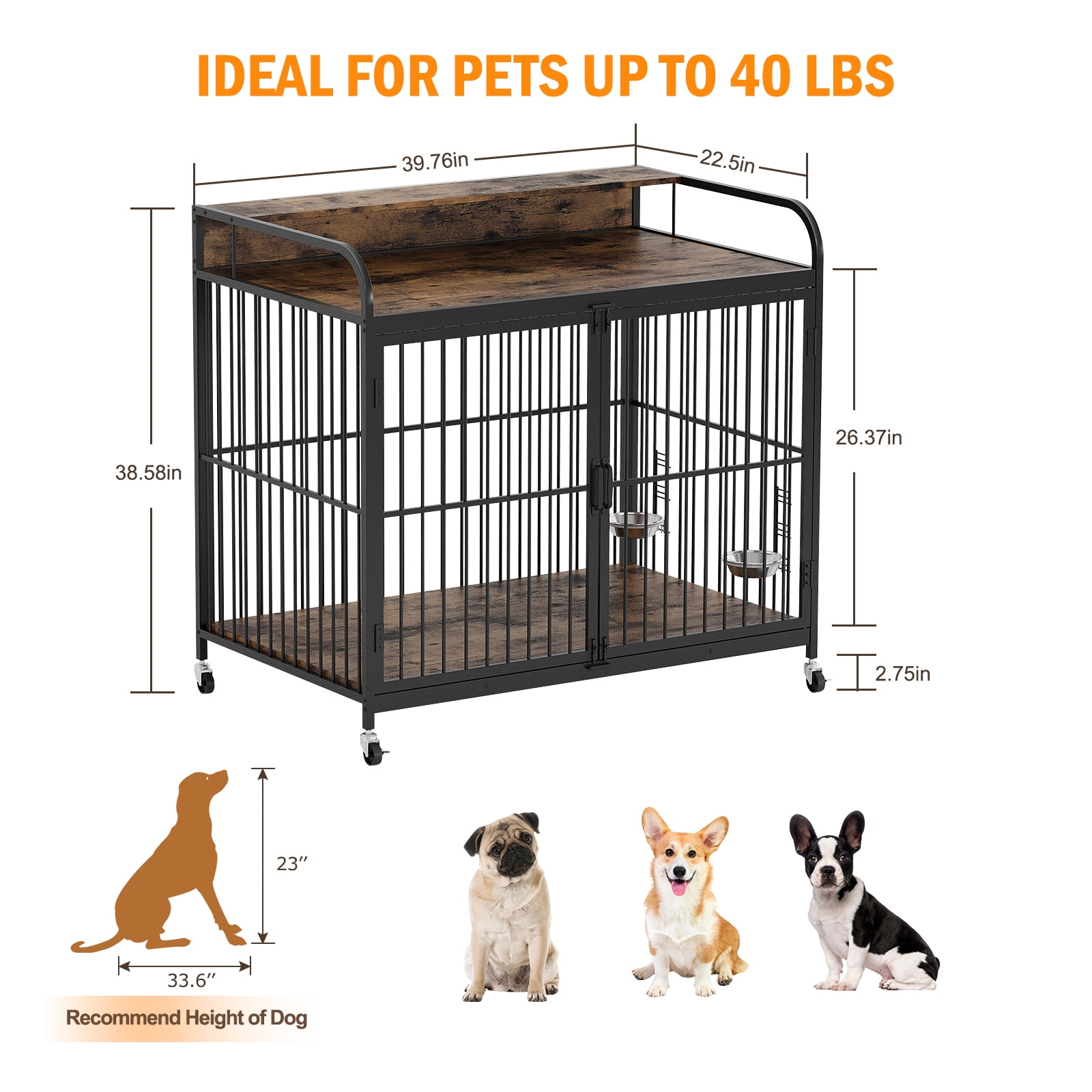 Aoile Dog Crates for Medium Dogs, Heavy Duty Dog Crate with Adjustable Height Feeder, Dog Cage Furniture with 360Â° Wheels, Rustic Brown