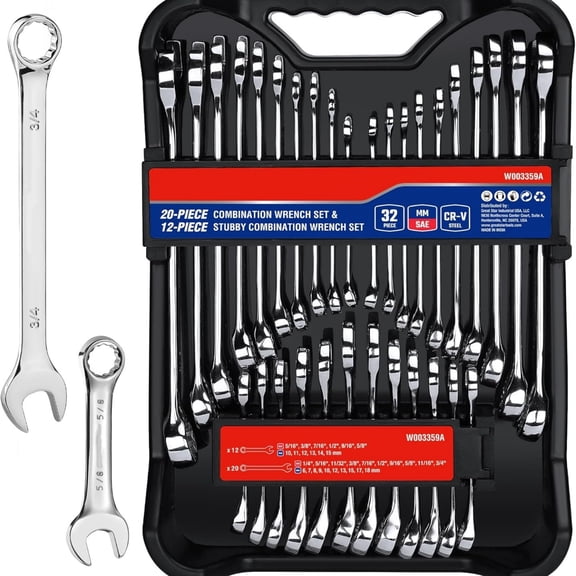 SAE and metric combination wrench set, standard wrenches and short wrenches, with organizing tray