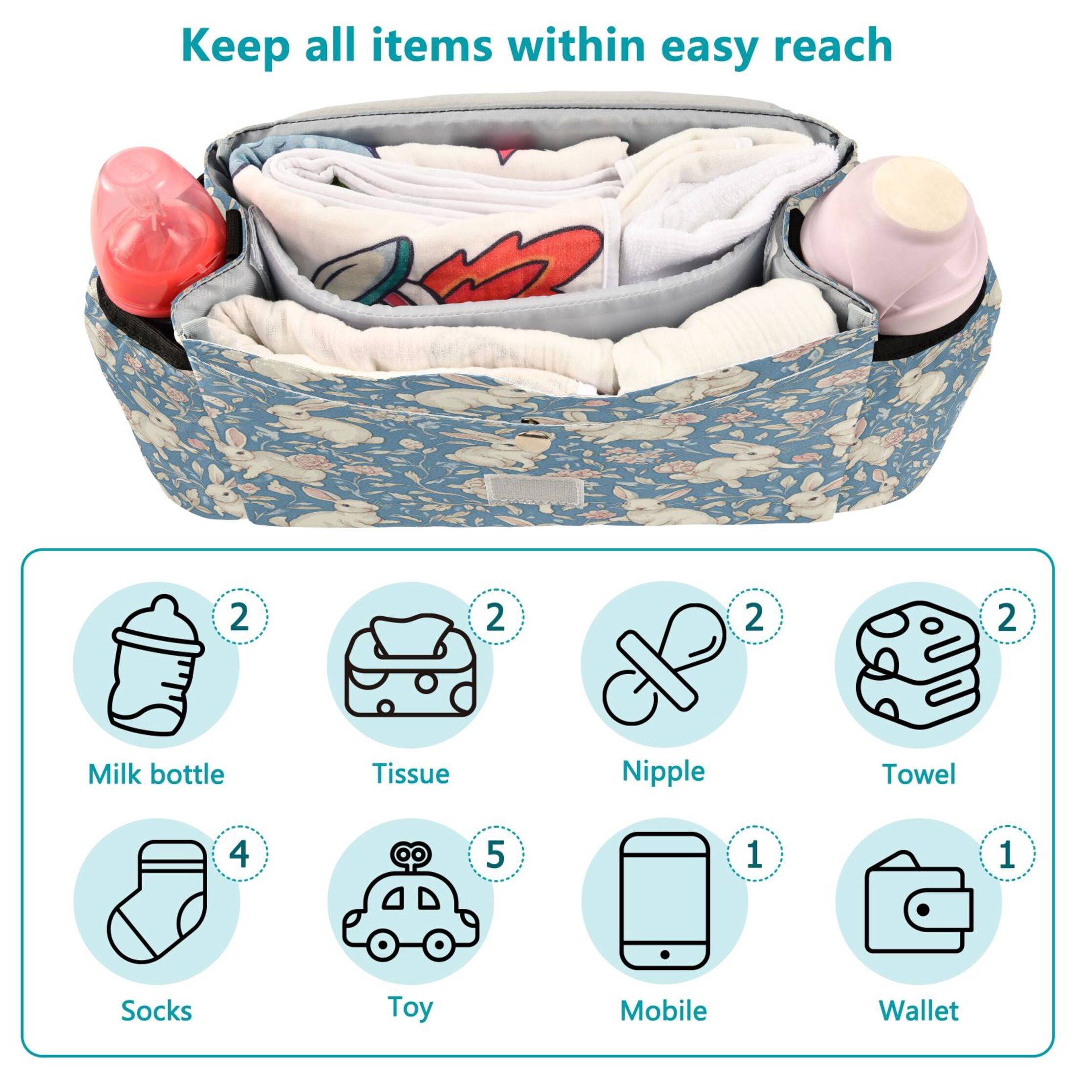 DIXRUYEE Stroller Organizer Floral Bunny Patterns Printed