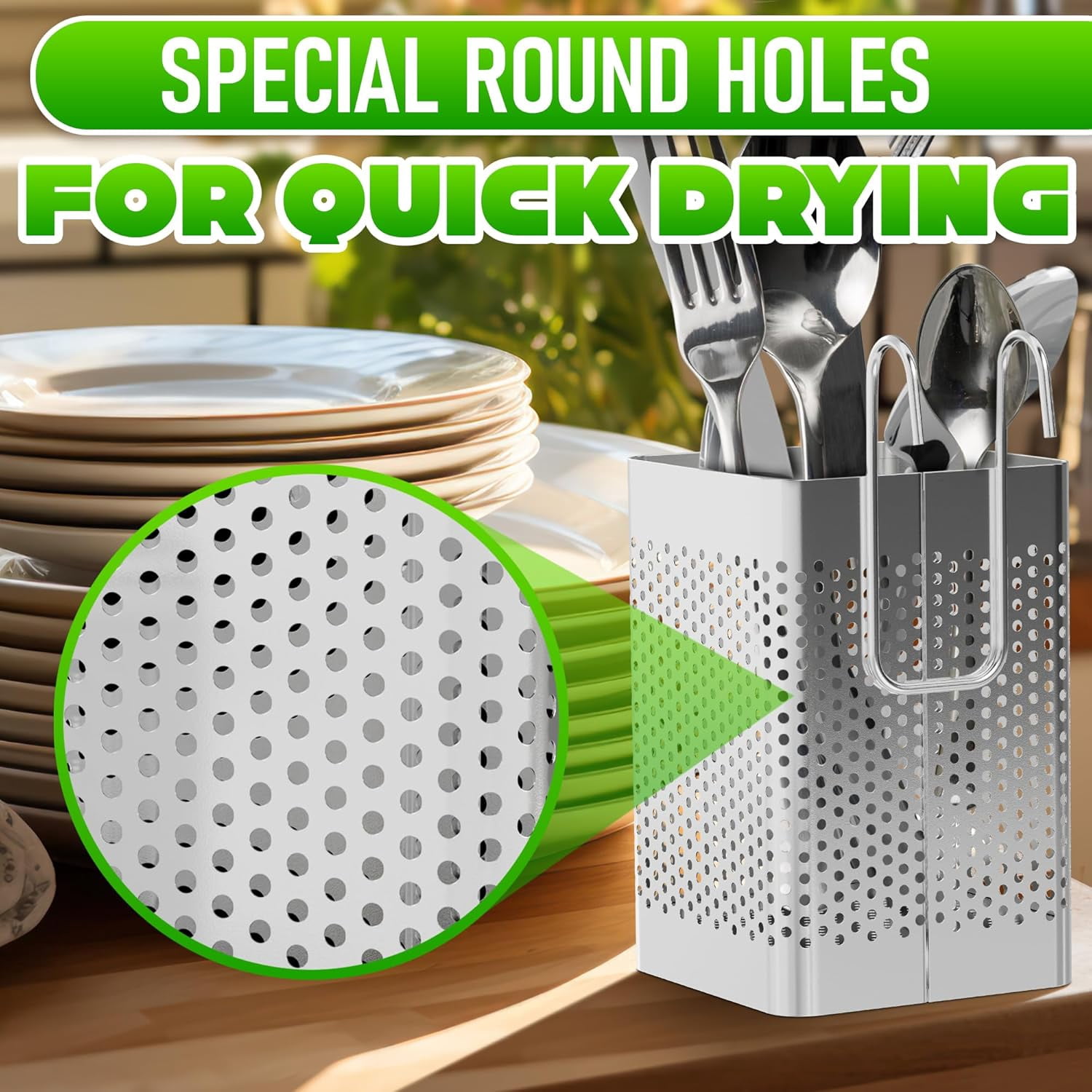Dishwasher Chopstick Basket – 2.75" x 2.75" x 3.93" Stainless Steel Utensil Holder | Rust-Resistant Perforated Caddy with Hooks for Organizing Chopsticks, Straws, Teaspoons, and Small Kitchen Tools