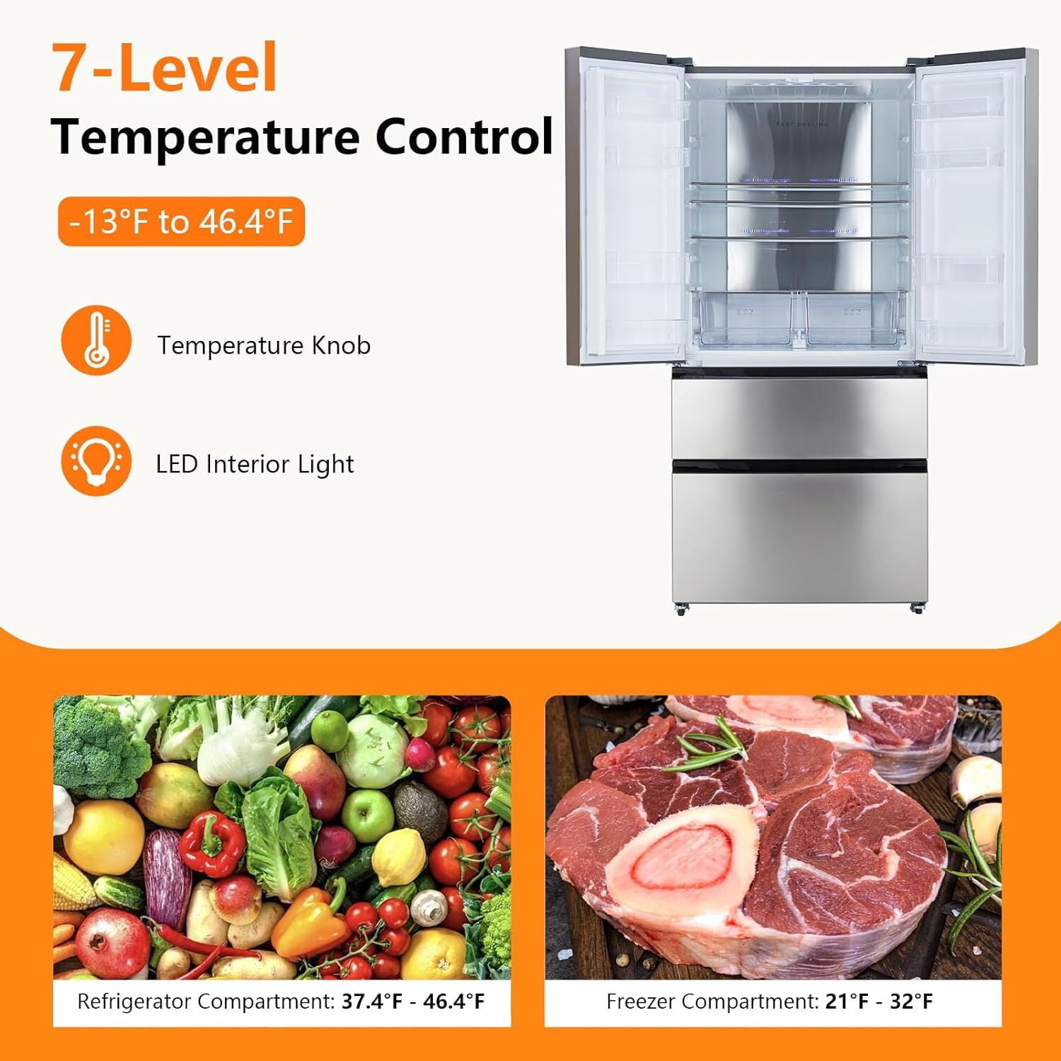 Garvee French Door Refrigerator 18.9 Cu.ft,Large Capacity Stainless Steel Fridge with Freezer,2 Doors & 2 Drawers,Automatic Defrost,LED Display,Silver