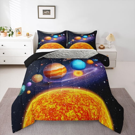 Starry Sky Comforter Cover Teens Universe Galaxy Bedding Set Youth Outer Space Planet Print Quilted Duvet Soft Microfiber Bedding Set with 2 Pillowcase, Full Size
