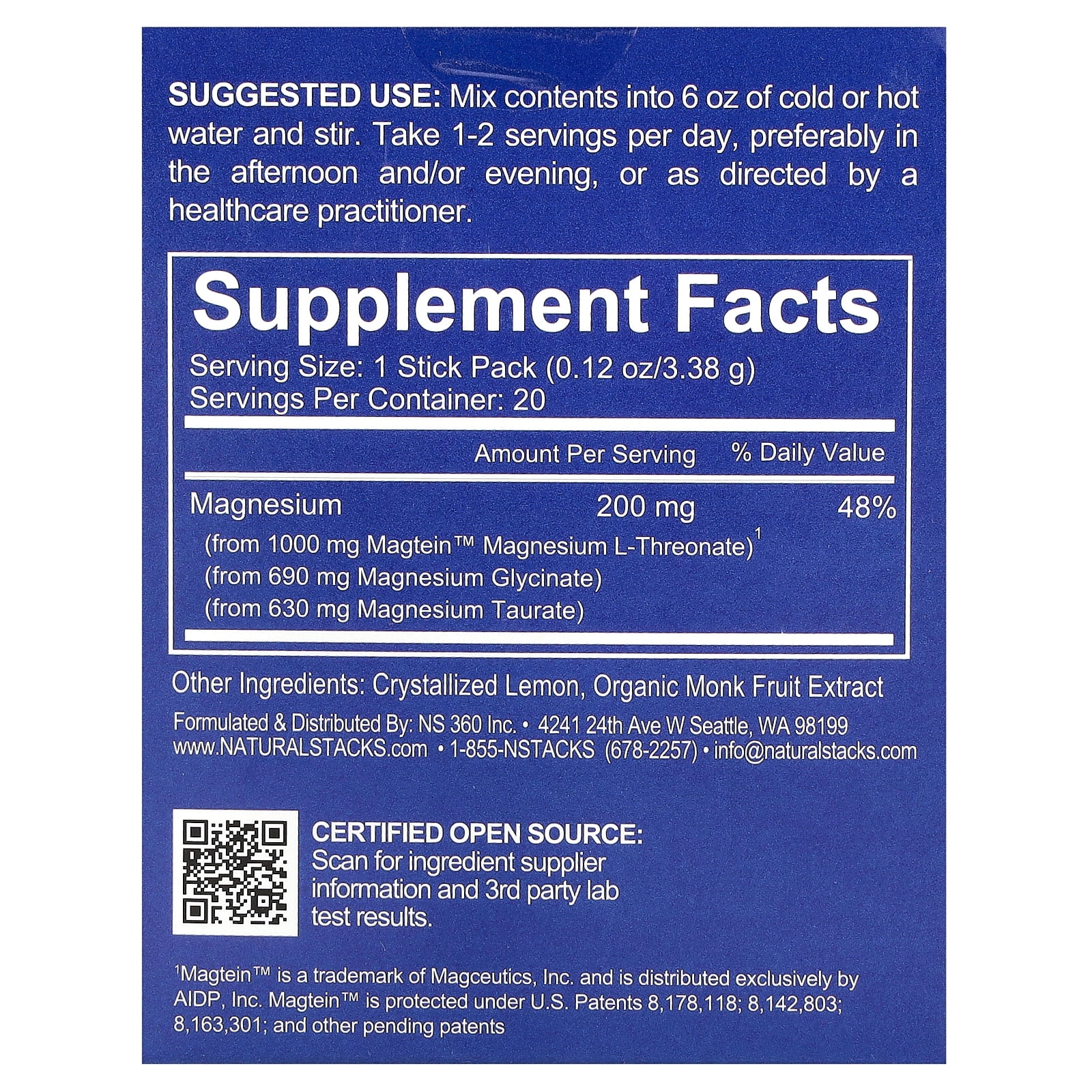 Natural Stacks MagTech, Magnesium Drink Mix, Lemonade, 20 Stick Packs, 0.11 oz (3.23 g) Each