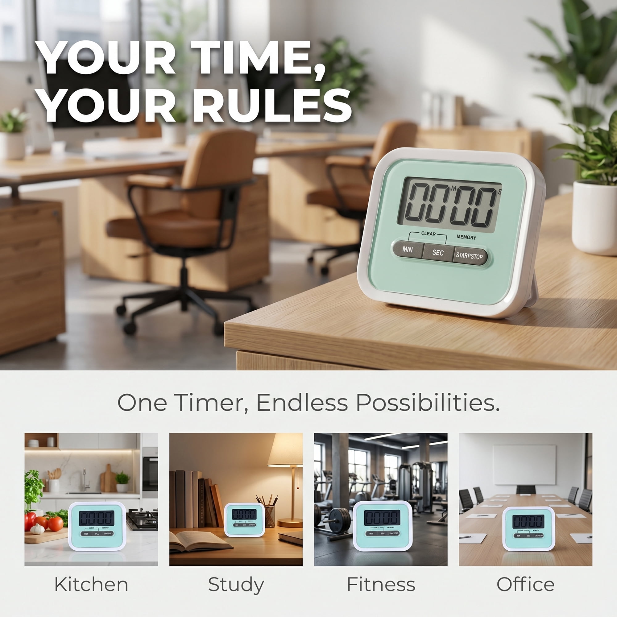 Unique Bargains Digital Loud Alarm Magnetic Backing Home Timer Green