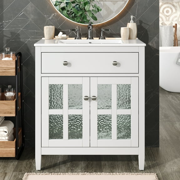 Lisonu 30-inch Bathroom Vanity with Ceramic Sink, White Single Vanity with Tip-Out Tray, Adjustable Shelf, and Soft-Close Doors, Solid Wood Legs & Silver Knobs