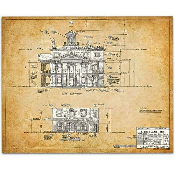 The Haunted Mansion Disneyland - East Side Blueprint - 11x14 Unframed Art Print - Great Gift for Disney Fans