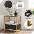 thumbnail image 3 of Dextrus End Table with Drawer and Storage Shelf, Modern Nightstand Table Sofa Side Table with Sintered Stone Tabletop and Metal Leaf Shaped Frame for Living Room, Bedroom, Black and Gold, 3 of 7