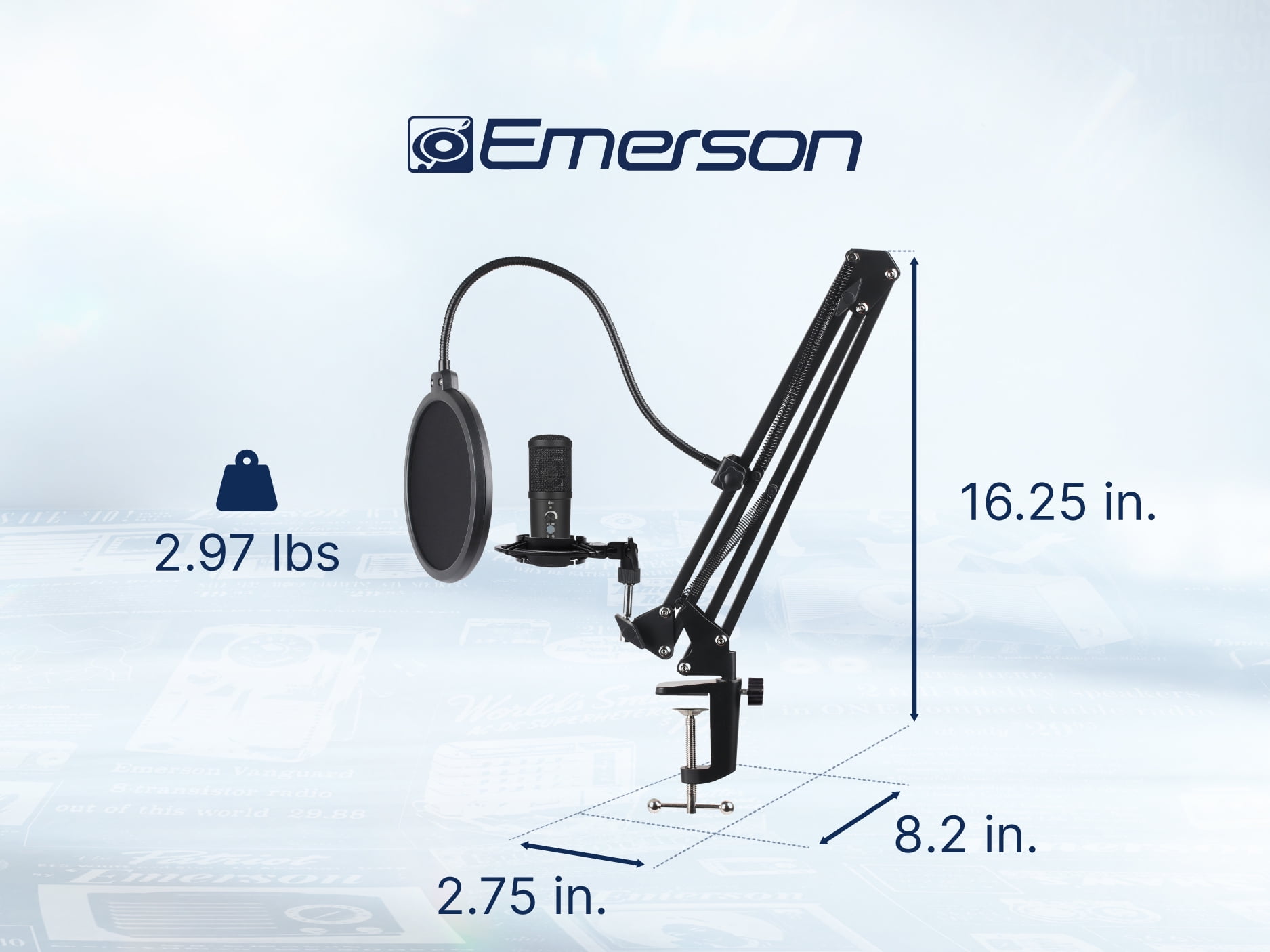 Emerson EAM-9051 USB Gaming & Streaming Condenser Microphone with Pop Filter and Shock Mount, Black