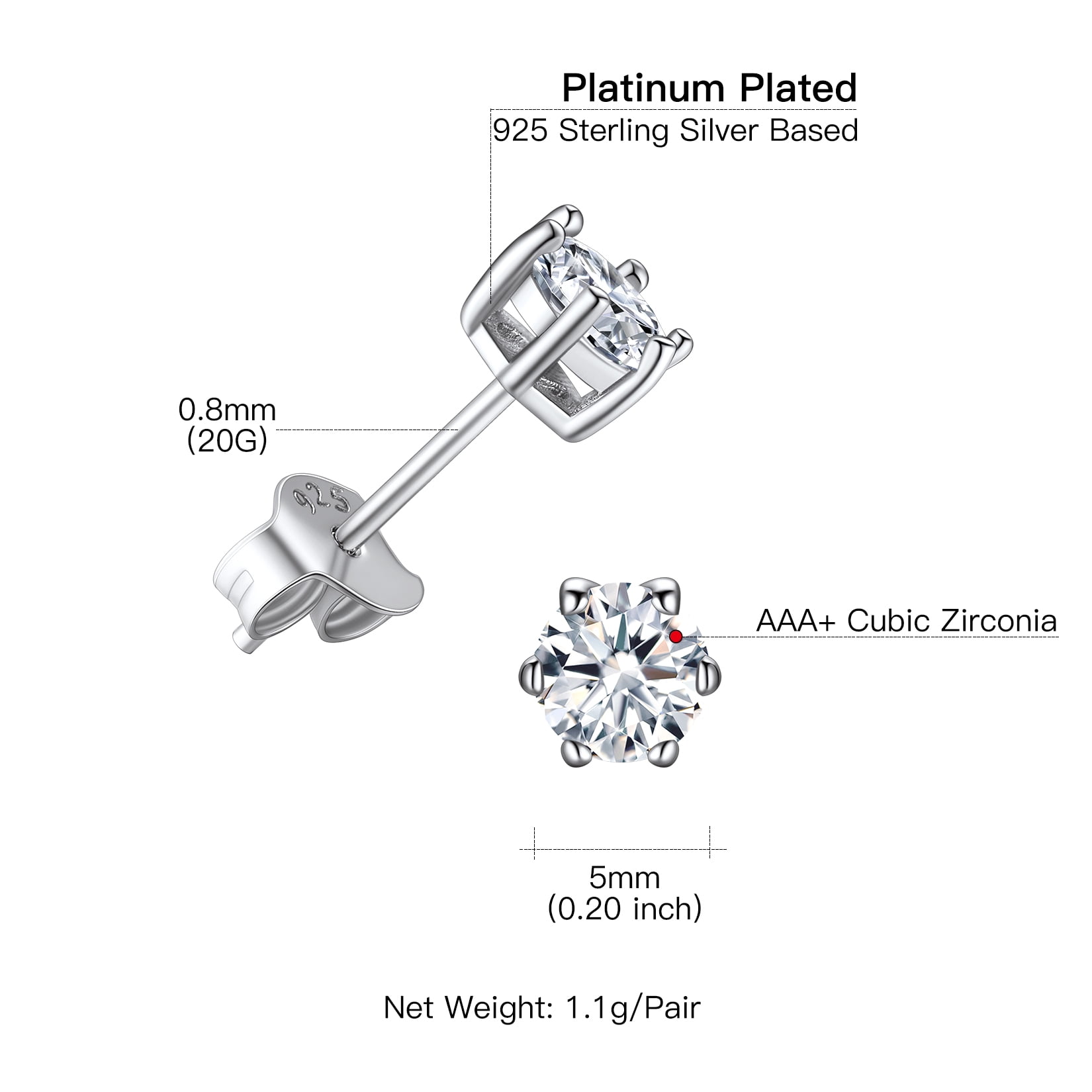 Suplight 925 Sterling Silver/Rose Gold Plated Simulated Diamond Black Cubic Zirconia Stud Earrings for Women Men