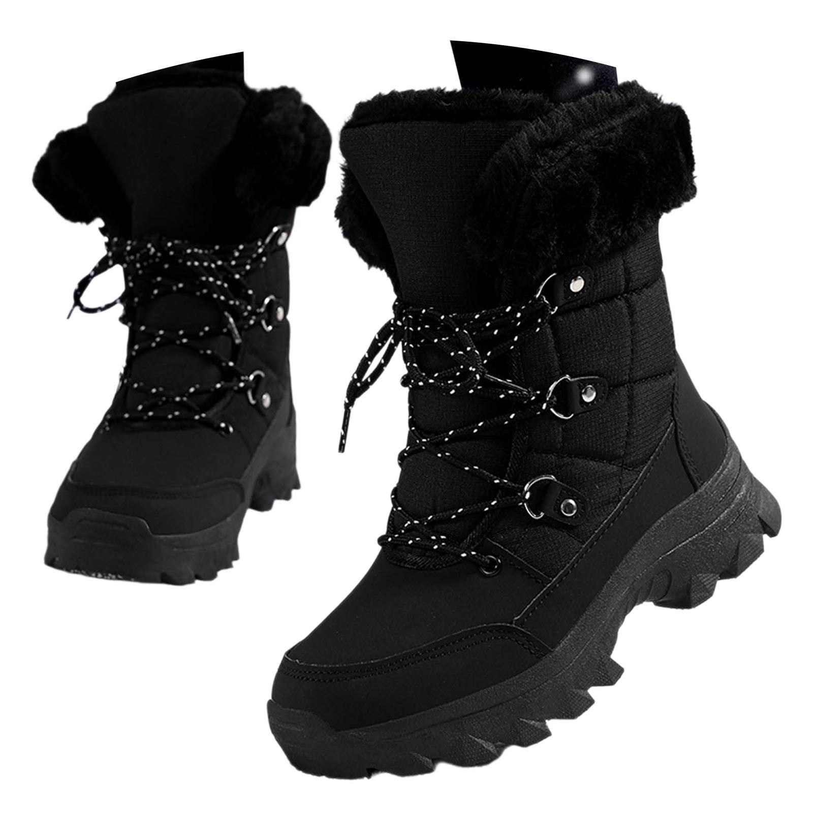 Gyexs Womens Winter Snow Boots Waterproof Shoes Walking Comfortable Hiking Tennis Booties Furry Mid Calf Warm Lightweight Sports Shoes, Black, Size 9