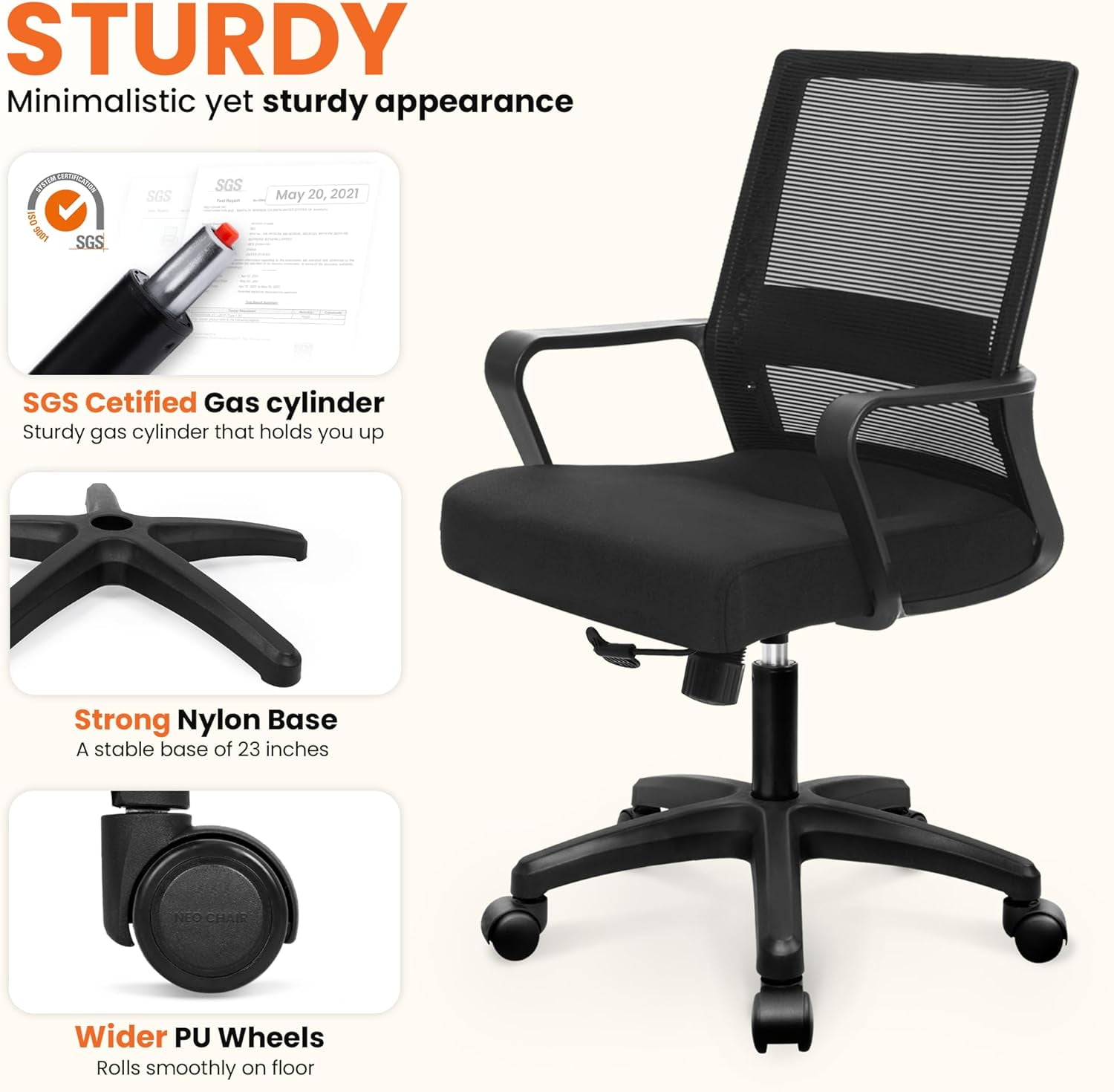 Ergonomic Office Chair with Lumbar Support, Breathable Mesh Back, Adjustable Height and Tilt, Black