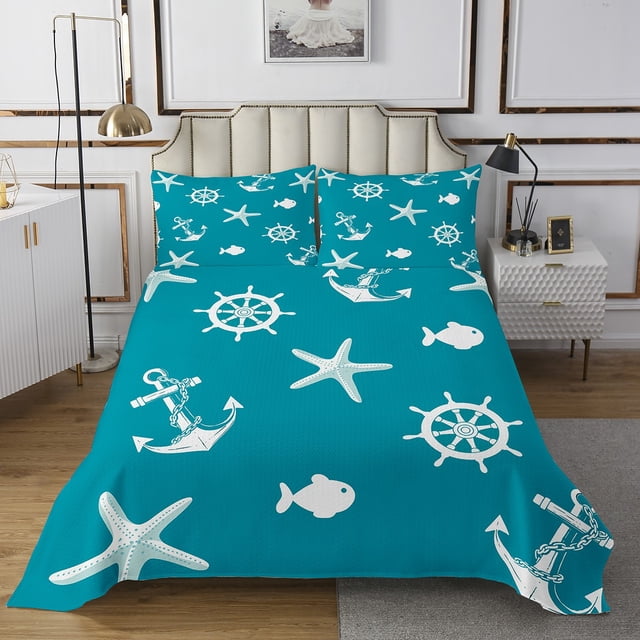 YST Nautical Quilt Set Queen Ocean Theme Bedspread Set For Teens Starfish Anchor Rudder Fish Coverlet Set Cartoon Light Blue Bed Set