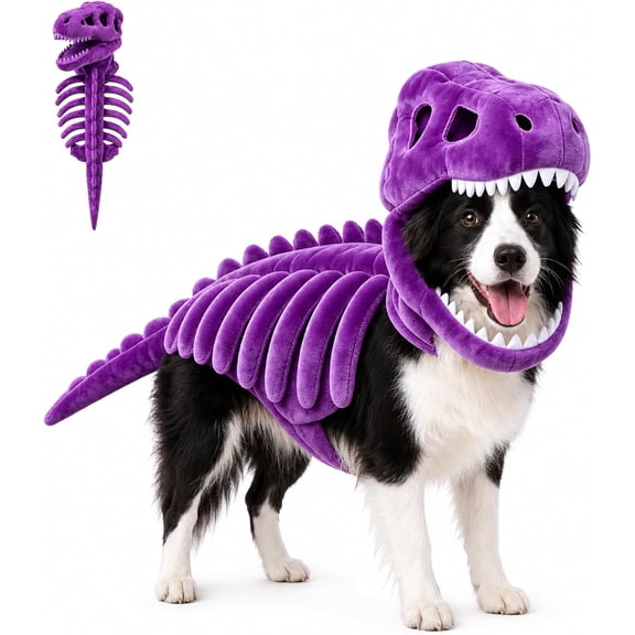 Pet Dinosaur Costume Soft Plush Skeleton Purple Realistic 3D Design, Machine Washable, Flexible Tail, Slip-On for Halloween Parties Medium Large Dogs Cats.