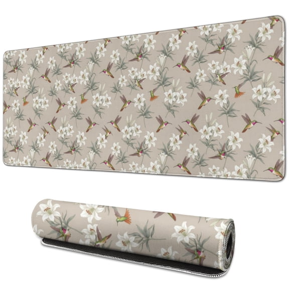 31.5x11.8 Inch Gaming Mouse Pad, Non-Slip Stitched Rubber Desk Mat for Desktop & Laptop,Hummingbird Floral Lily Gray Pattern
