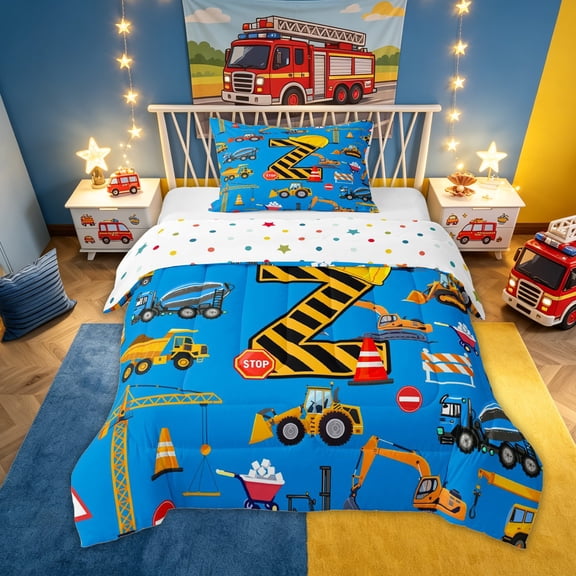 Feelyou Construction Z Initial Hard Hat Twin Comforter Sets, Cartoon Truck Bedding Set for Boys Girls, Blue, Polkadot Reversible, 2 Pieces