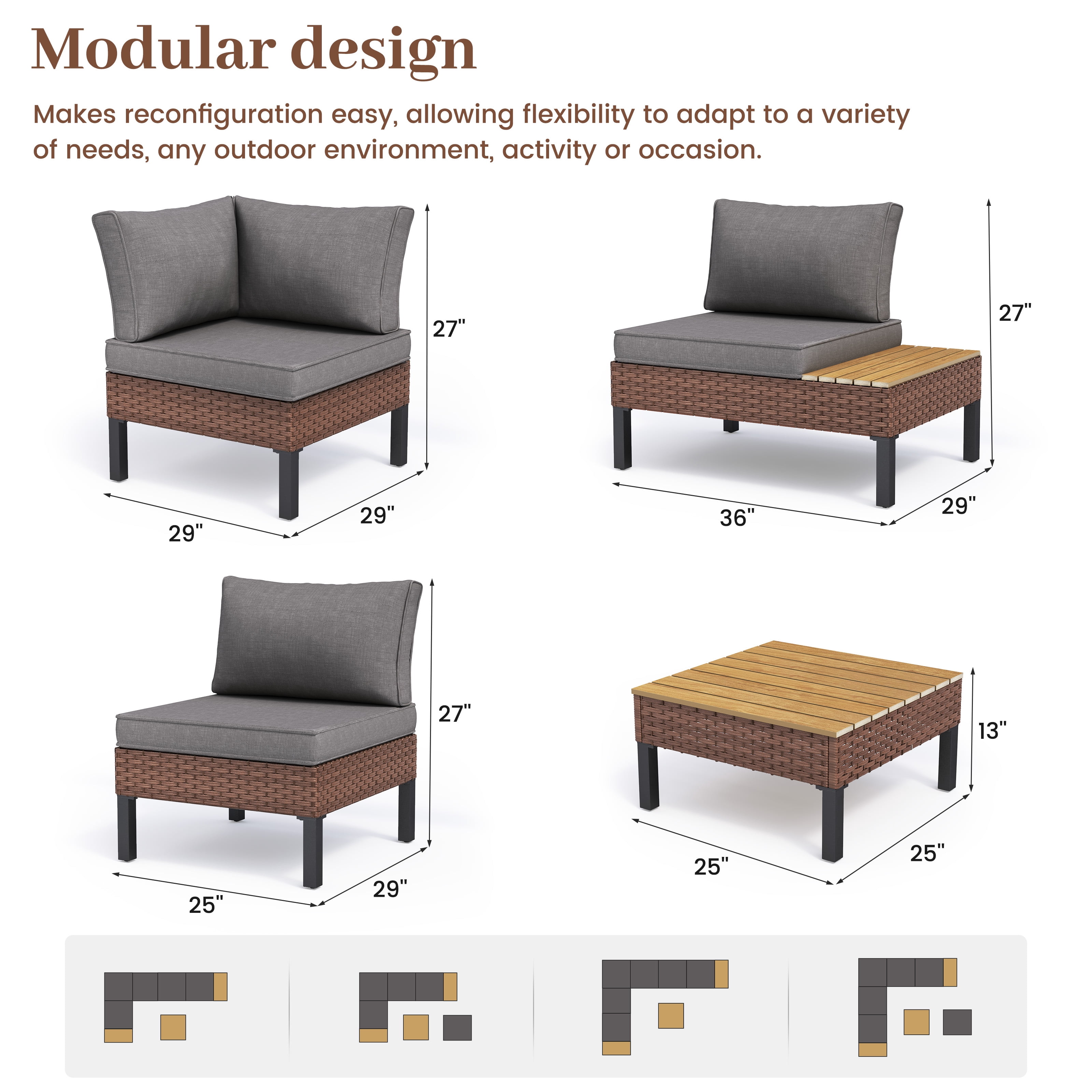 ELPOSUN Patio L Shaped Conversation Sectional Sofa Set with Coffee Table, 5 Pieces Patio Furniture Seating Group with Side Table for Backyard Garden, Gray