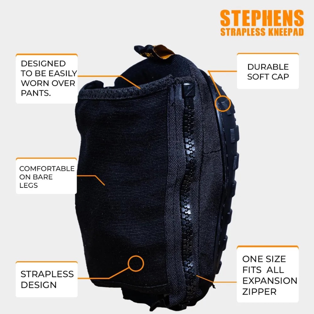 Stephens Strapless Kneepads for Construction - Heavy Duty Soft Cap Design for Work | Safety Work Gear | Flooring | Roofing | Gardening | Protective Equipment-Non-Slip Strapless-Black