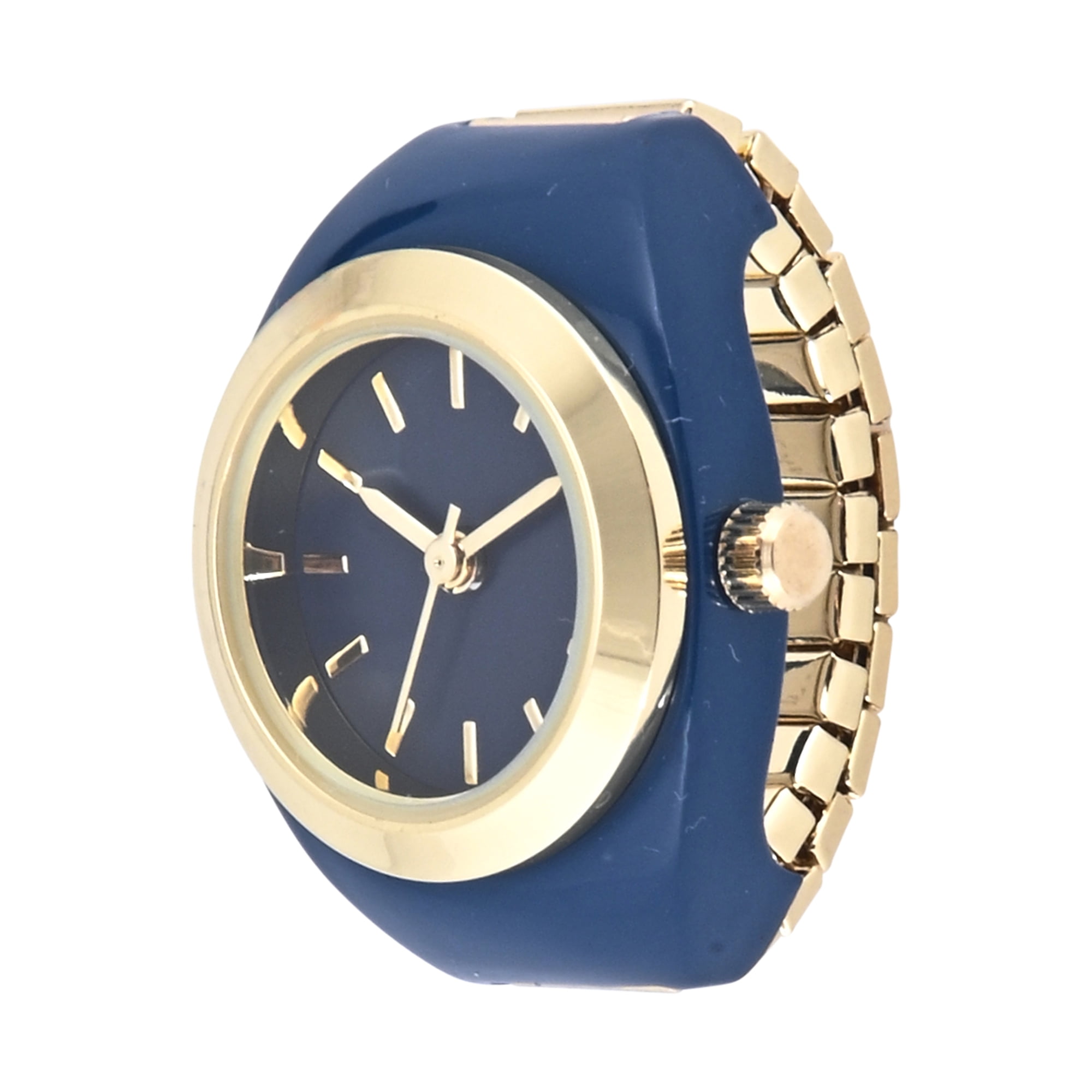 No Boundaries Adult Female Blue Enamel Round Case Ring Watch with Gold Bezel.