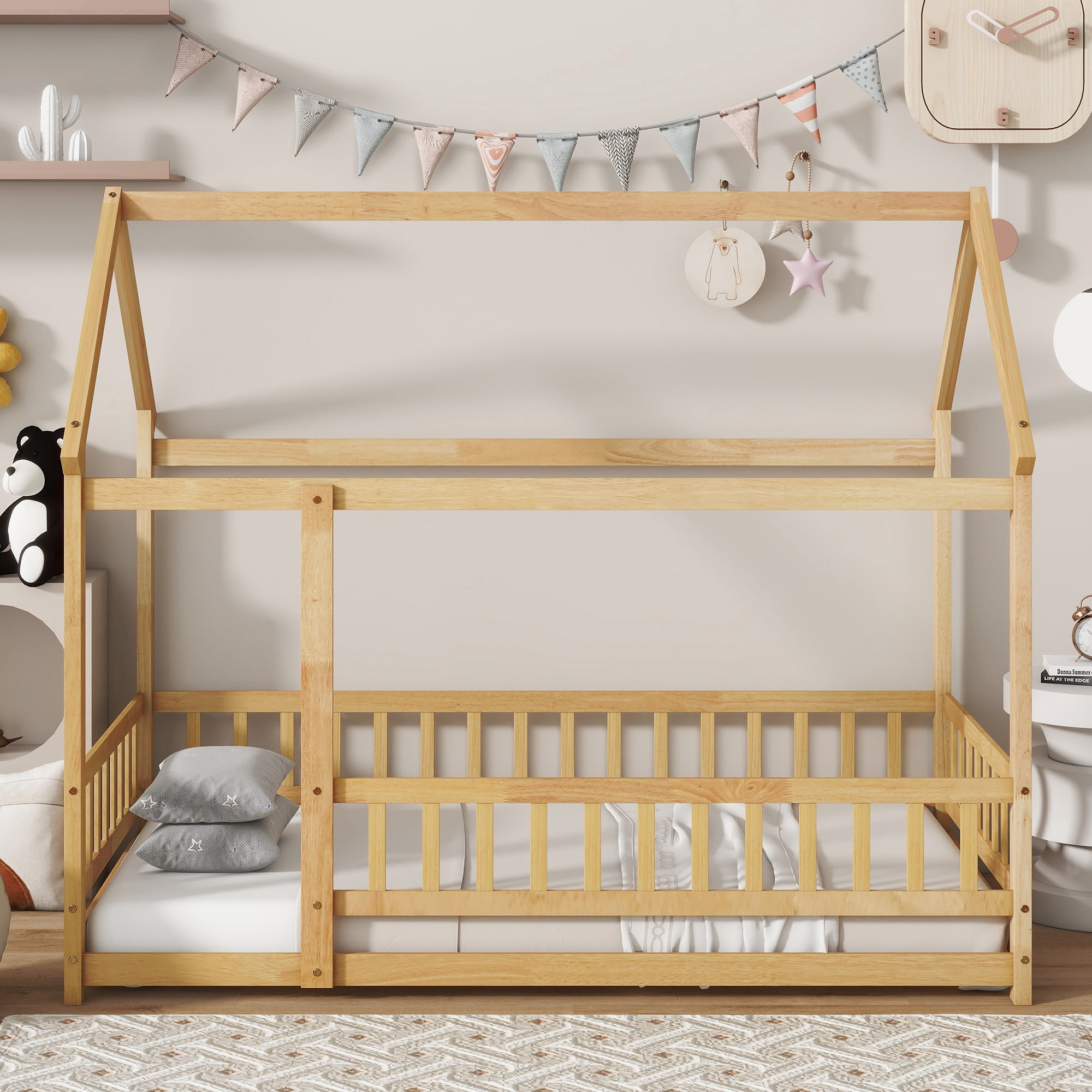 Aukfa Twin Size House Bed with Roof, Wood Floor Bed Frame with Fence for Kids Toddler, Natural