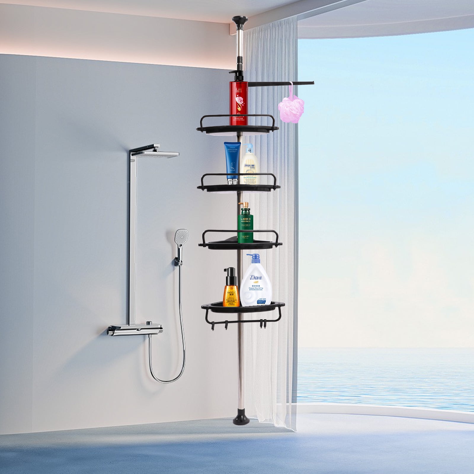 Hamitor Corner Shower Caddy Tension Pole: Adjustable Stainless Steel Shower Organizer with 4 Tier Shelf for Bathroom Bathtub Tub Shampoo - Floor