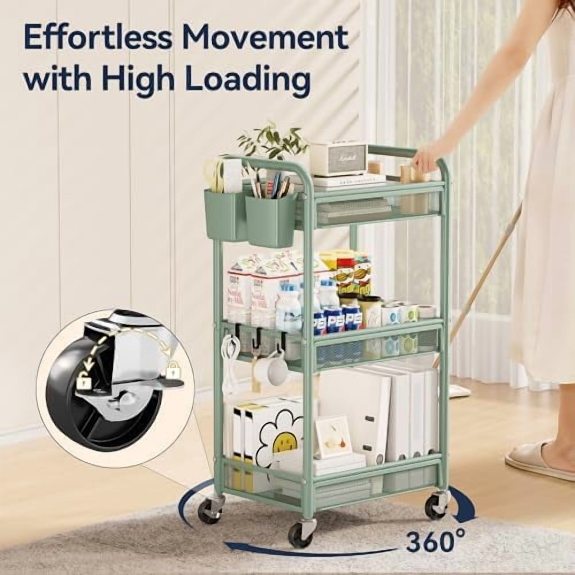 3 Tier Rolling Cart – Metal Utility Storage Carts with Wheels, Craft Carts Organizer with Hanging Cups, Hooks, Mesh Basket for Bedside Kitchen Office Art, Green