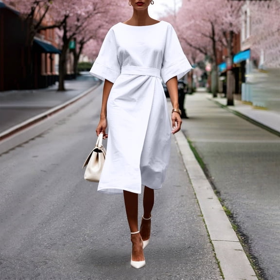 Bnwani Summer Maxi Dresses for Women,Summer Dresses,Crew Neck,Solid,Short Sleeve,Tie,White,S