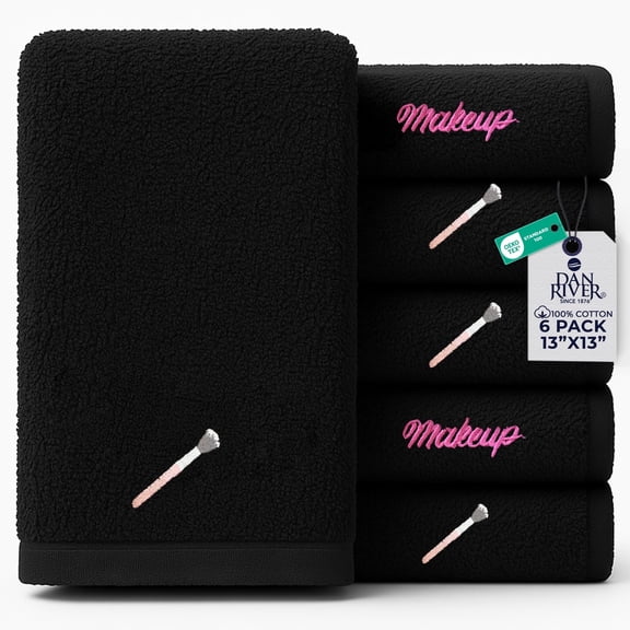 Dan River Black Washcloths 13X13 - 6 pcs Embroidered Wash Rags For Makeup Remover, Soft Cotton Face Towels