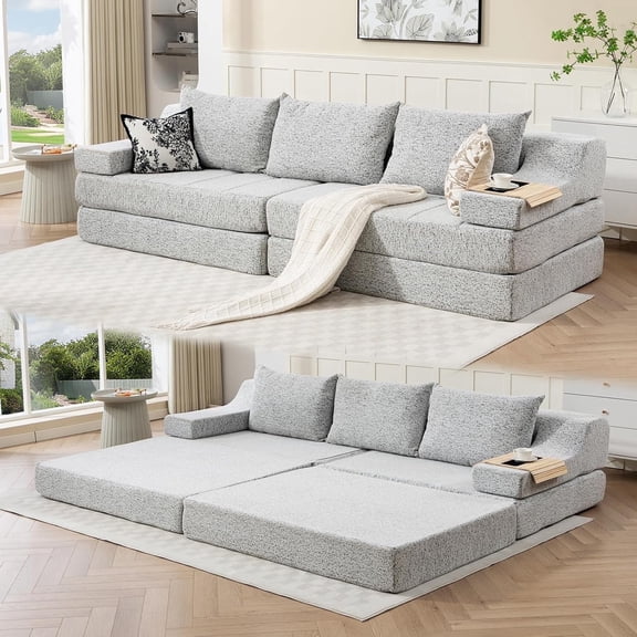 MEISSALIVVE Boneless Couch Sofa Bed 110.6" Folding Convertible - Oversized Modular with Wide Armrest Thick Cushion No Assembly Required (Gray)