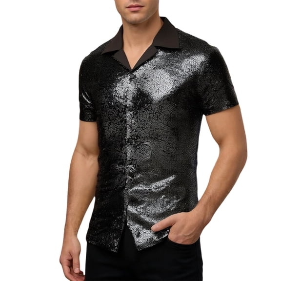 LIIPEE Men Shirts Carnival Party Glitter Sequins Short Sleeve Lapel Button Up Shirt Male Slim Fit Fashion Tops Comfortable Breathable Soft Dance Club Shirts,Black,L