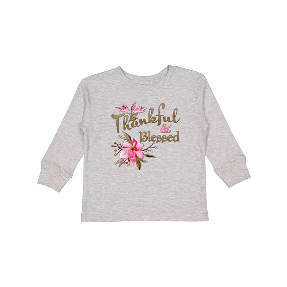 Inktastic Thankful and Blessed Inspirational Saying with Pink Flowers Boys or Girls Long Sleeve Toddler T-Shirt