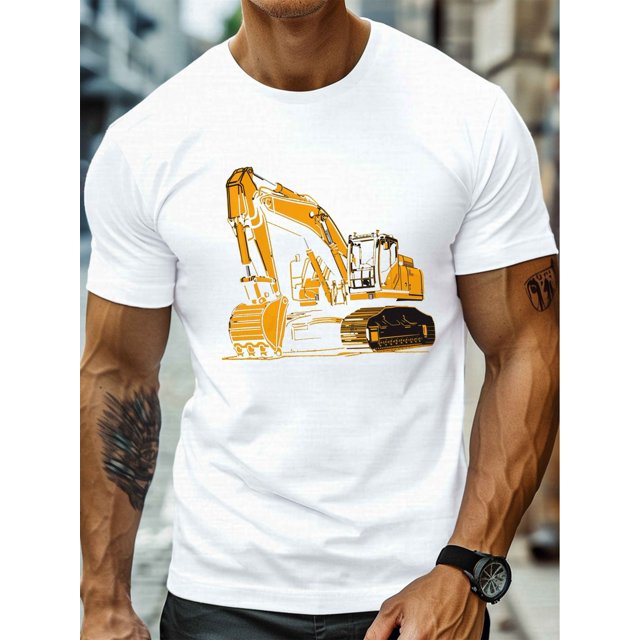 Men's Excavator Graphic Tee - Casual Crew Neck Short Sleeve, Lightweight Cotton Summer Shirt, Machine Washable, Soft Material, Festive Apparel