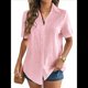 thumbnail image 2 of Camisa de Algodón con Botones y Dobladillo Enrollado para Mujer, de Corta, Informal, de Verano, con Cuello en V, para Playa. Rosa L, 2 of 8