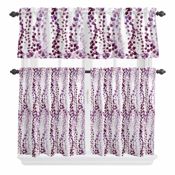 3 Piece Kitchen Curtains and Valances Set Purple Weeping Eucalyptus Cafe Curtains 36 Inch Length Spring Summer Farmhouse Leaves Valance & Tier Curtain for Living Room Bedroom Window 54"x18" 27"x36"*2