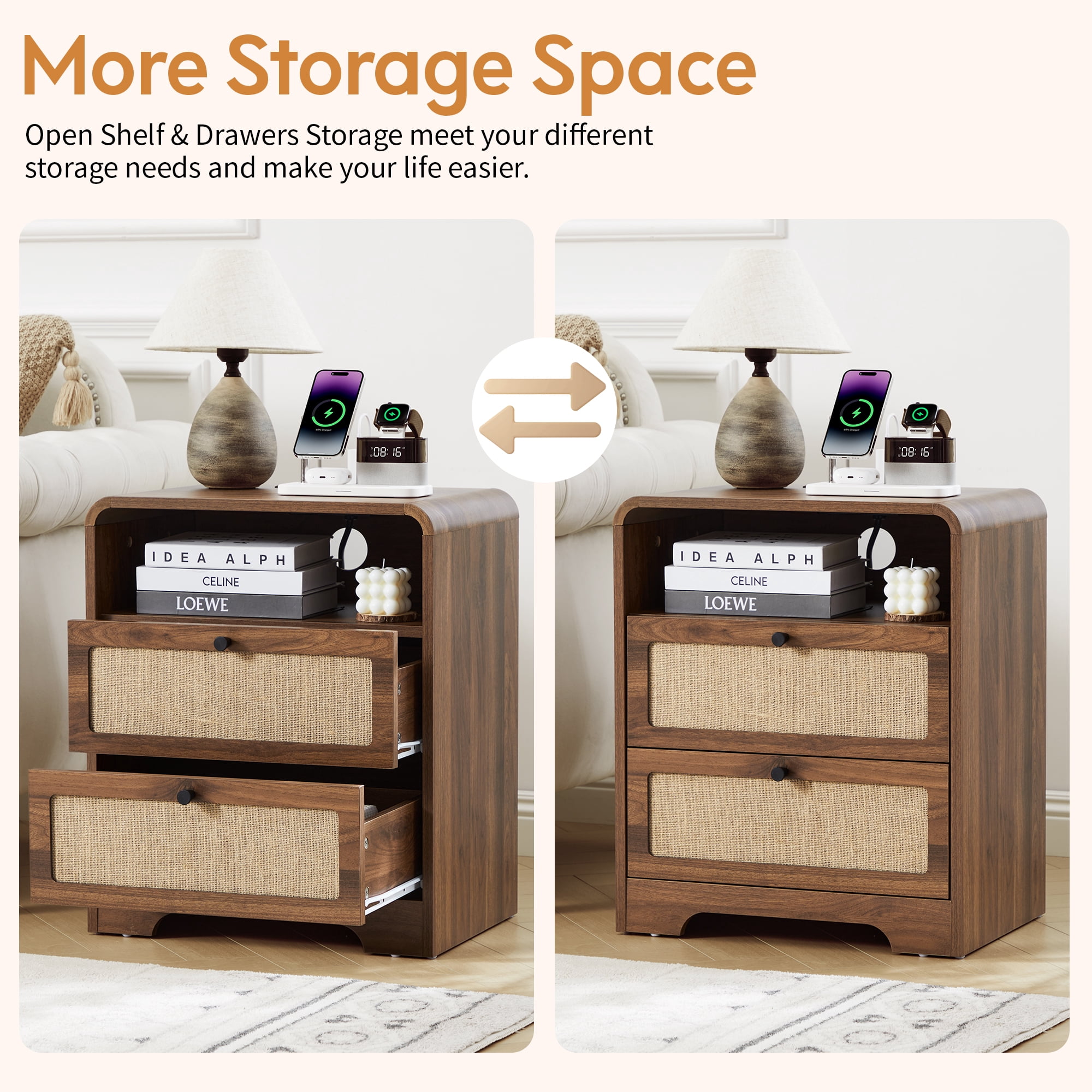 YOCWO Farmhouse Nightstand with Charging Station and Drawers for Bedroom, Linen Bedside Table with Drawers, Walnut