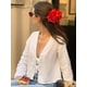 thumbnail image 5 of Camisa blanca con cordones para mujer, blusa holgada de manga larga con cuello en V, color liso, informal, para verano, 2024, 5 of 5