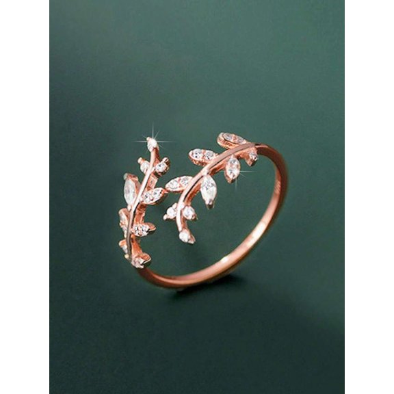 Rose Gold Leaf Vine Ring With Cubic Zirconia Stones, Adjustable Open Band
