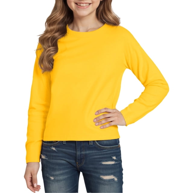SUXIAN T-Shirts Unis Enfants T-Shirts à Manches Longues Enfants Col Rond Automne Hiver Hauts T-Shirts Basiques Coton Col Rond T-Shirts Graphiques Jeunesse Jaune 4-5 Ans
