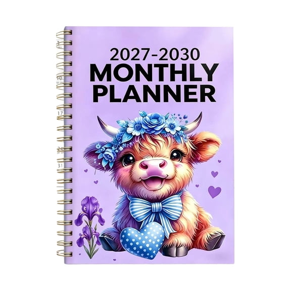 2027-2030 Monthly Planner, 3-Year Highland Cow A5 Notebook, Pink, for Home and Office